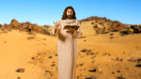Man-Wearing-Robes-With-Long-Hair-And-Beard-Representing-Figure-Of-Jesus-Christ-Preaching-From-Book-In-Desert